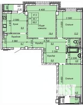 3-к квартира, строящийся дом, 88м2, 5/9 этаж