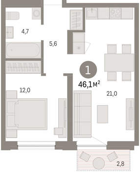 1-к квартира, вторичка, 46м2, 3/17 этаж
