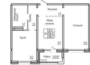 2-к квартира, строящийся дом, 59м2, 15/17 этаж