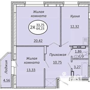 2-к квартира, вторичка, 64м2, 16/25 этаж