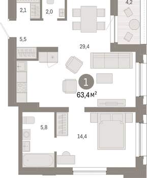 1-к квартира, вторичка, 63м2, 8/17 этаж