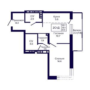 2-к квартира, вторичка, 51м2, 14/23 этаж
