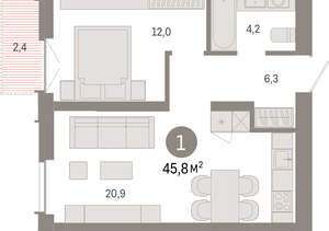 1-к квартира, вторичка, 46м2, 4/23 этаж