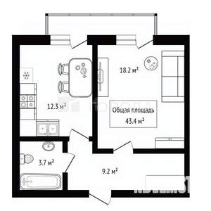 1-к квартира, вторичка, 43м2, 2/4 этаж