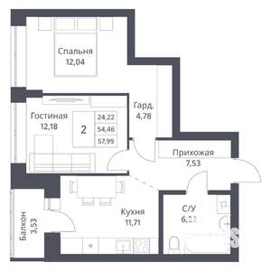 2-к квартира, вторичка, 54м2, 17/18 этаж