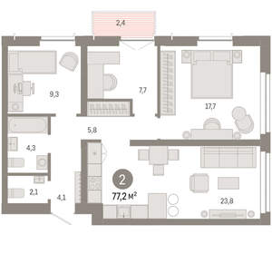 2-к квартира, вторичка, 77м2, 2/23 этаж