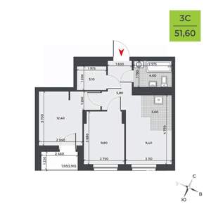 3-к квартира, строящийся дом, 52м2, 14/21 этаж