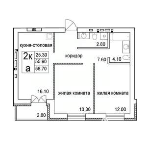 2-к квартира, строящийся дом, 59м2, 5/8 этаж