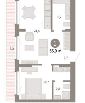 1-к квартира, вторичка, 56м2, 8/12 этаж