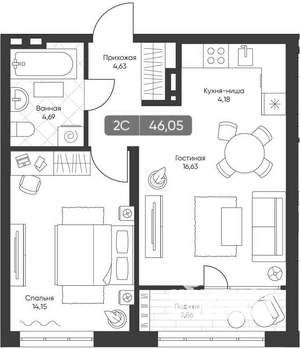 2-к квартира, вторичка, 44м2, 21/22 этаж