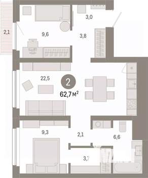 2-к квартира, вторичка, 63м2, 11/12 этаж