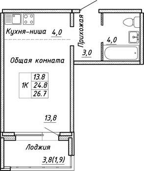 1-к квартира, строящийся дом, 27м2, 7/17 этаж