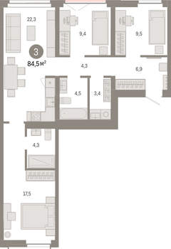 3-к квартира, вторичка, 84м2, 2/23 этаж