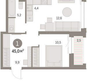 1-к квартира, вторичка, 45м2, 19/30 этаж