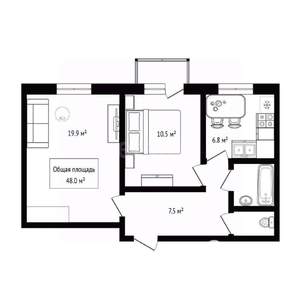 2-к квартира, вторичка, 48м2, 2/2 этаж