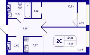 2-к квартира, вторичка, 46м2, 17/26 этаж