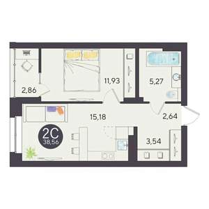 2-к квартира, строящийся дом, 39м2, 9/10 этаж