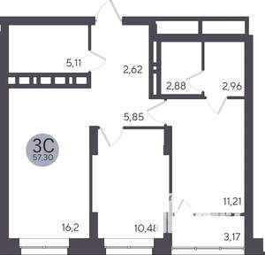2-к квартира, строящийся дом, 57м2, 18/25 этаж
