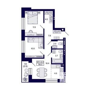 3-к квартира, вторичка, 56м2, 2/11 этаж