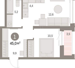1-к квартира, вторичка, 45м2, 19/30 этаж