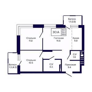 3-к квартира, вторичка, 59м2, 18/23 этаж