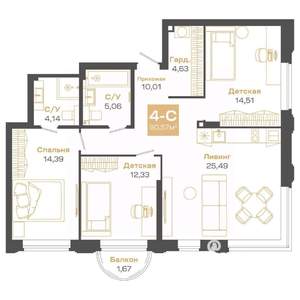 4-к квартира, строящийся дом, 91м2, 13/24 этаж