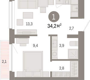 1-к квартира, вторичка, 34м2, 9/12 этаж