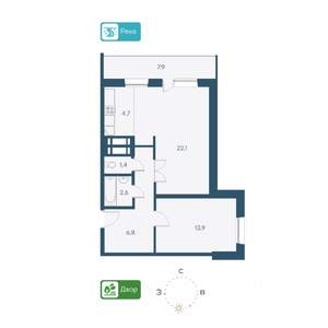 2-к квартира, строящийся дом, 59м2, 2/26 этаж