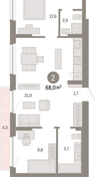 2-к квартира, вторичка, 68м2, 9/12 этаж