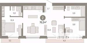 2-к квартира, вторичка, 70м2, 9/12 этаж