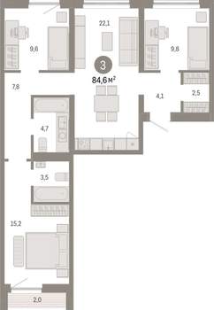 3-к квартира, вторичка, 85м2, 4/15 этаж