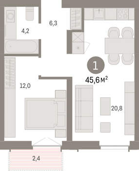 1-к квартира, вторичка, 46м2, 4/23 этаж