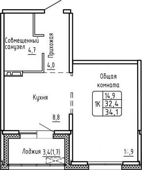 1-к квартира, строящийся дом, 34м2, 8/17 этаж
