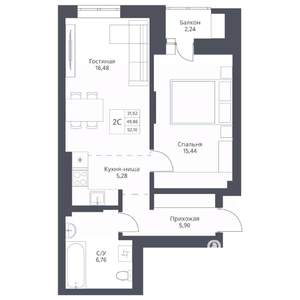 2-к квартира, вторичка, 52м2, 12/24 этаж