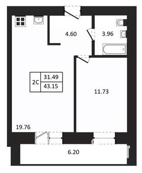 2-к квартира, вторичка, 43м2, 2/12 этаж