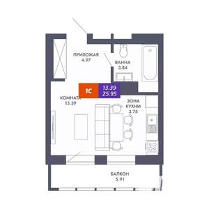 1-к квартира, вторичка, 26м2, 12/25 этаж