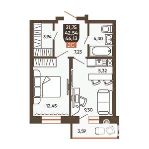 2-к квартира, вторичка, 46м2, 10/19 этаж
