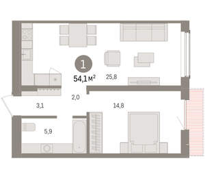 1-к квартира, вторичка, 54м2, 13/15 этаж