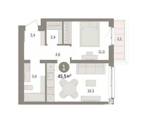 1-к квартира, вторичка, 46м2, 4/8 этаж