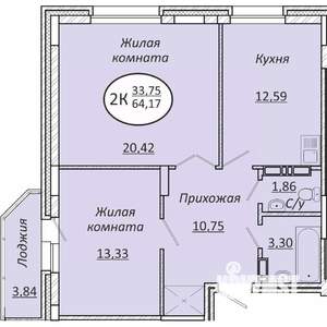 2-к квартира, строящийся дом, 64м2, 13/25 этаж