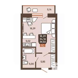 1-к квартира, вторичка, 39м2, 12/19 этаж
