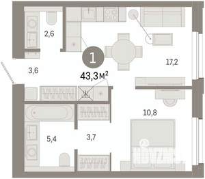 1-к квартира, вторичка, 43м2, 4/9 этаж