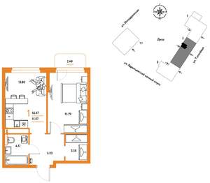 1-к квартира, вторичка, 43м2, 6/9 этаж