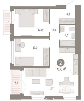 2-к квартира, вторичка, 71м2, 12/23 этаж