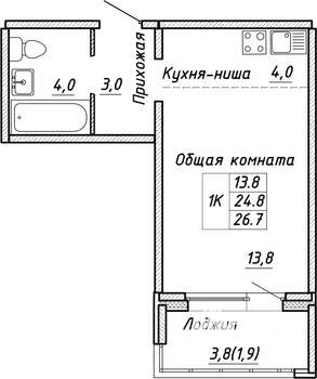 1-к квартира, строящийся дом, 27м2, 10/17 этаж