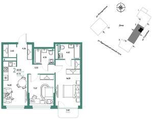 2-к квартира, вторичка, 64м2, 5/9 этаж
