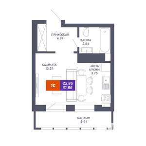 Студия квартира, вторичка, 26м2, 21/25 этаж