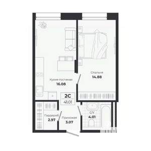 2-к квартира, строящийся дом, 41м2, 1/9 этаж