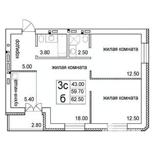3-к квартира, строящийся дом, 63м2, 4/8 этаж