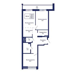 3-к квартира, вторичка, 66м2, 3/14 этаж